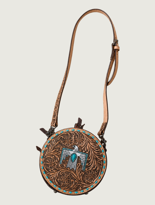 Mavericks Tooled Leather Round Crossbody with Thunderbird Concho & Turquoise Trim