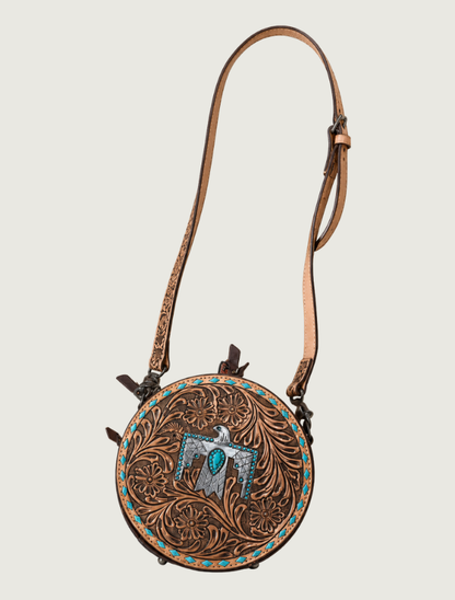 Mavericks Tooled Leather Round Crossbody with Thunderbird Concho & Turquoise Trim