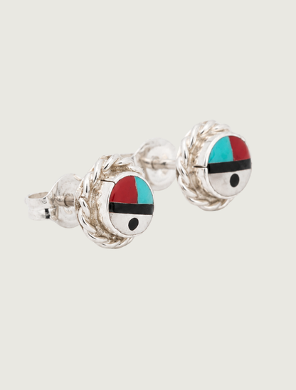 Sterling silver sunface inlay stud earrings, quarter turn view, pair