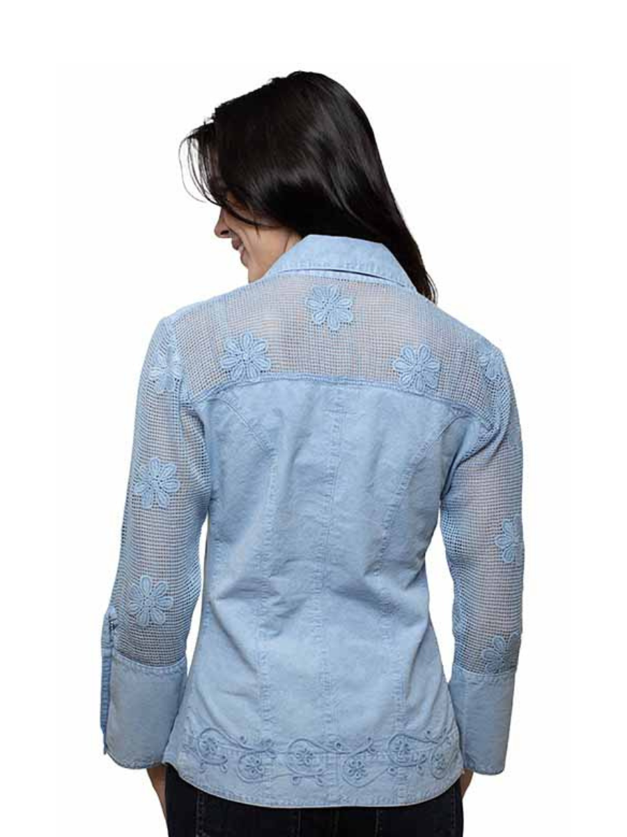 Scully Women's Embroided Blouse with Mesh Sleeves