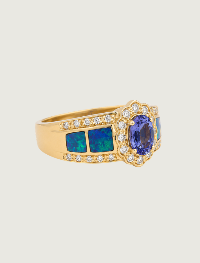 14K Yellow Gold Tanzanite, Opal, & Diamond Ring