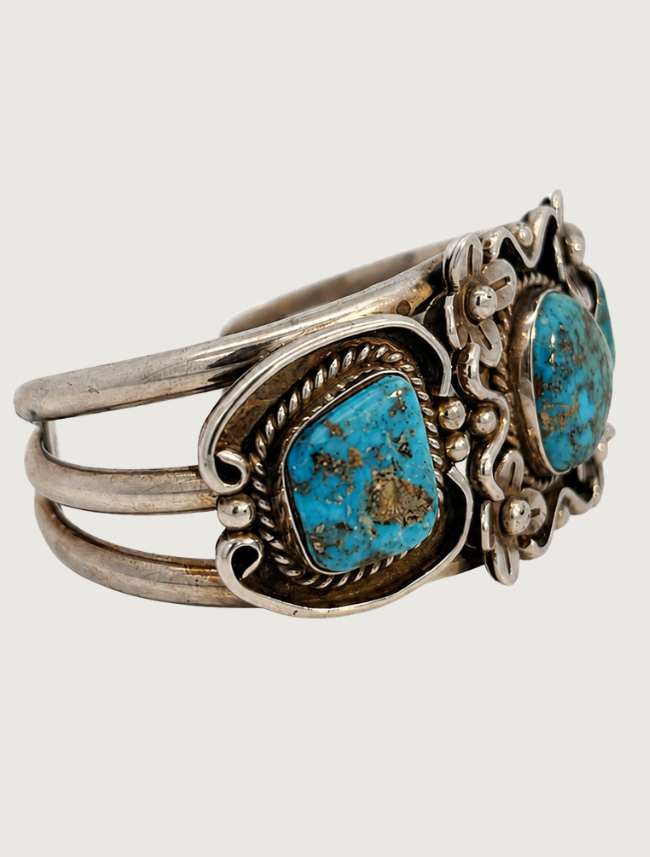 "TC" Sterling Silver Flowers & Turquoise Cuff Bracelet
