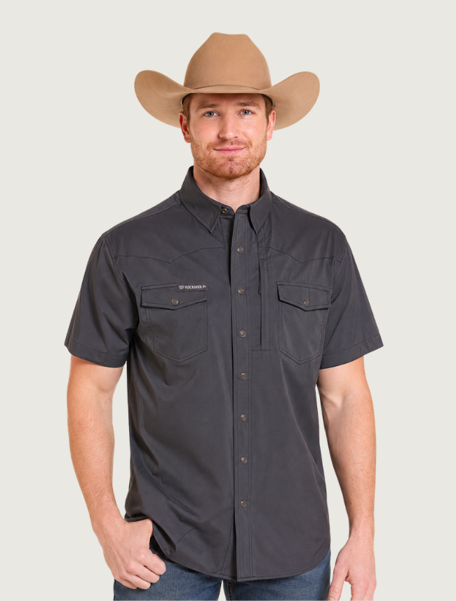 Man wearing black Rock & Roll Denim Nylon TEK short sleeve shirt, front view