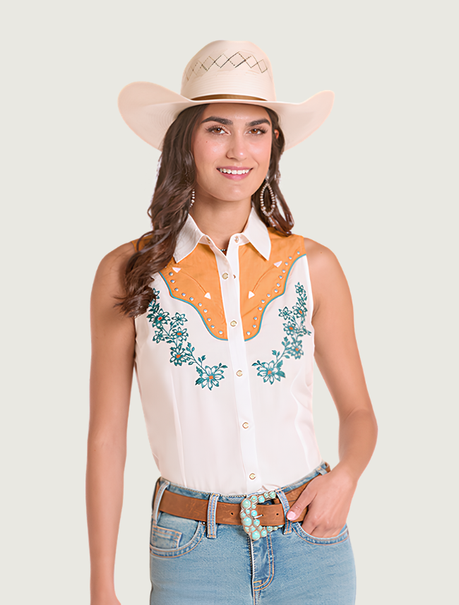 Rock & Roll Denim Floral Embroidery Sleeveless Shirt