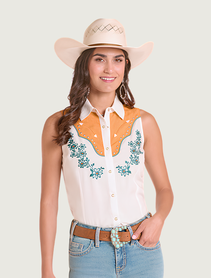 Rock & Roll Denim Floral Embroidery Sleeveless Shirt