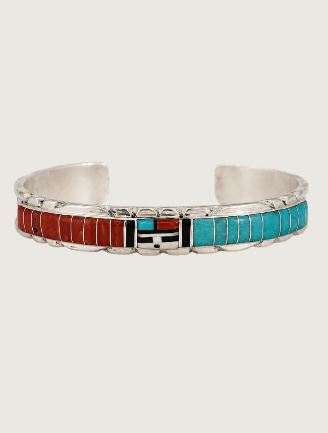 Front view of Don Dewa sterling silver sunface inlay cuff