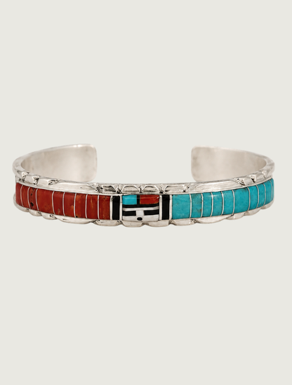 Front view of Don Dewa sterling silver sunface inlay cuff