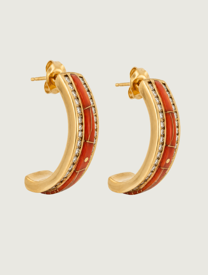 14K Yellow Gold Red Coral & Diamond Earrings