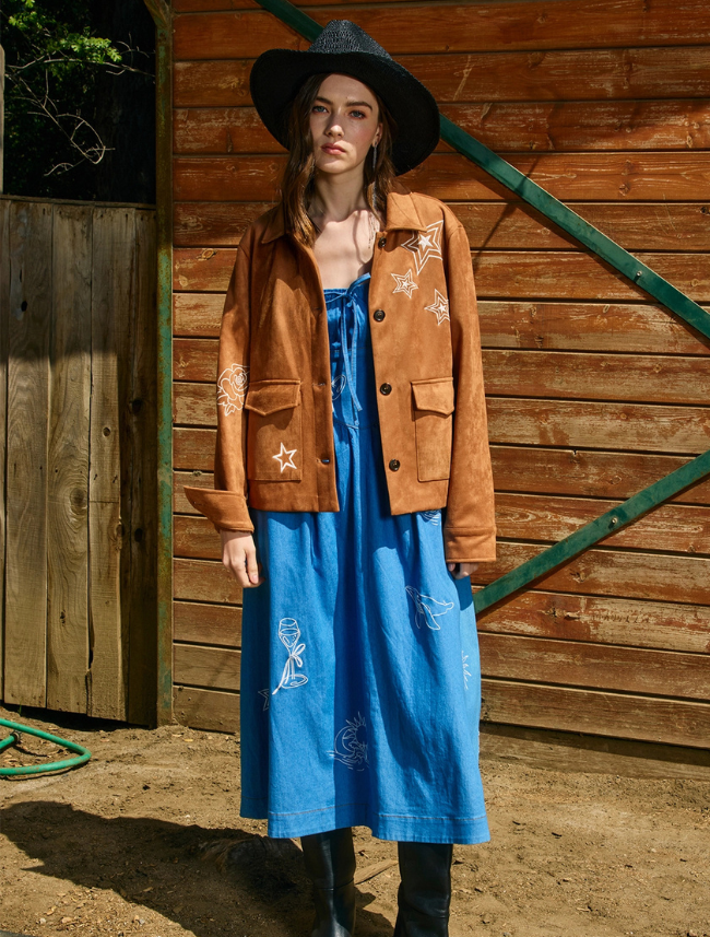 Raisonnel Embroidered Camel Faux Suede Jacket
