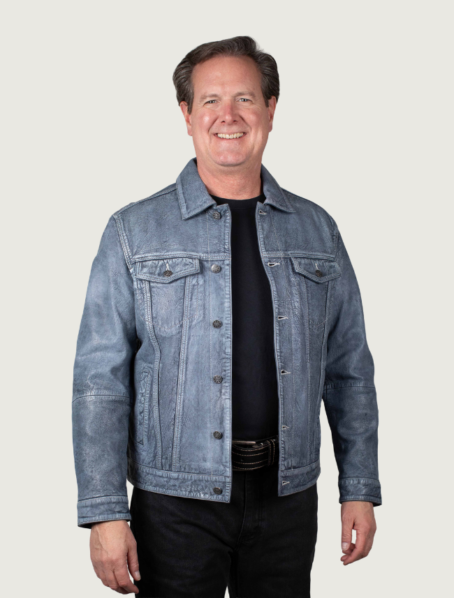 Mavericks Men's Blue Stone-Wash Leather Trucker Jacket