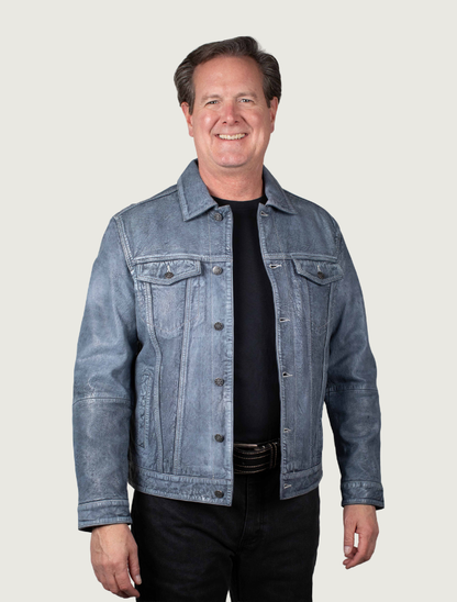 Mavericks Men's Blue Stone-Wash Leather Trucker Jacket