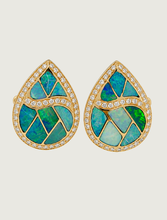 14K Yellow Gold Opal & Diamond Earrings