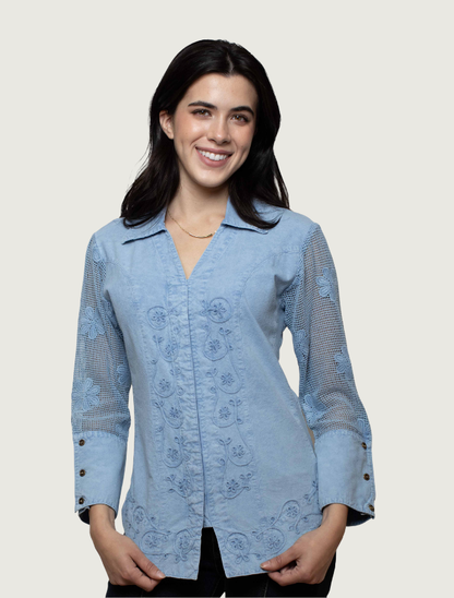 Scully Women's Embroided Blouse with Mesh Sleeves