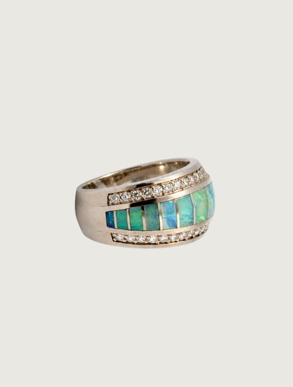 14K White Gold Opal Inlay & Diamond Ring