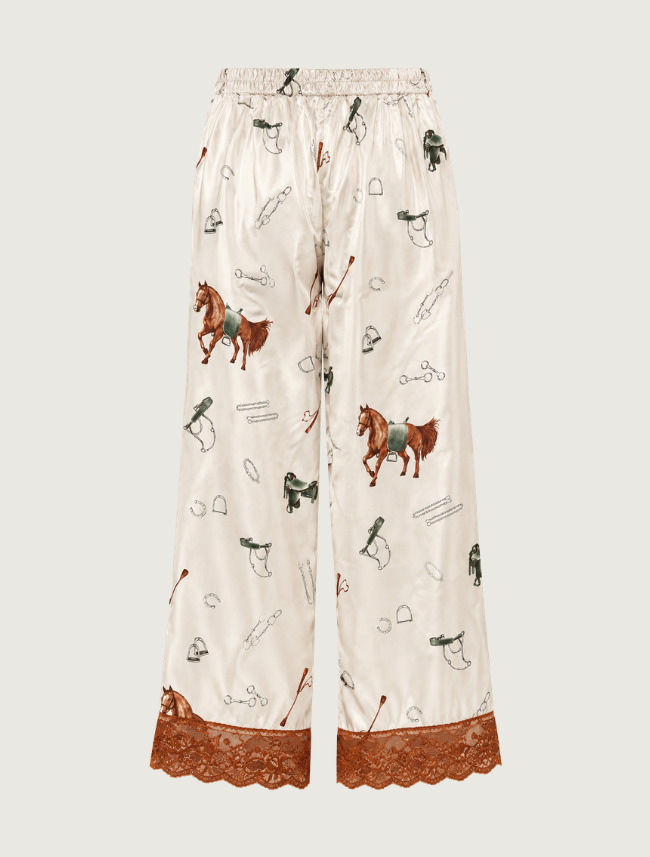 Mavericks Satin Horse Print Lace Hem Pants in Silver Grey