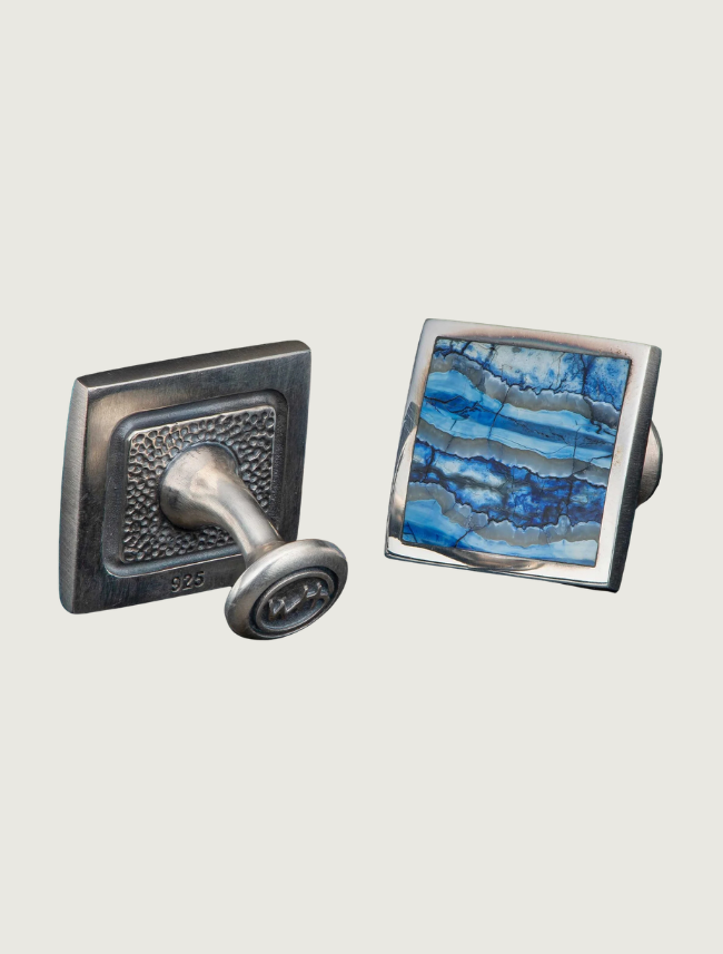 William Henry 'Blue Mammoth Duo' Sterling Silver Cufflinks with Blue Wooly Mammoth Tooth Fossil Inlay