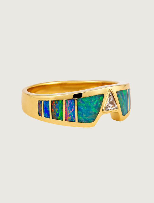 14K Yellow Gold Blue Opal & Diamond Ring