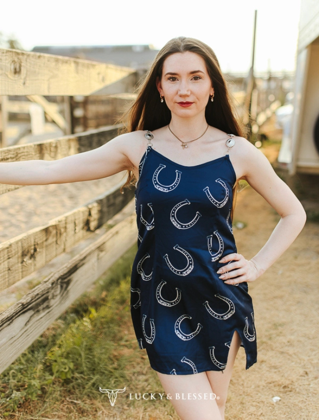 Lucky & Blessed Navy Horseshoe Print Concho Strap Mini Dress