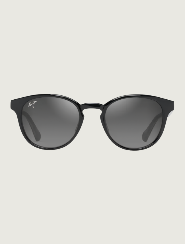 Maui Jim Hiehie round sunglasses in Shiny Black with Trans Light Grey / Neutral Grey — front view