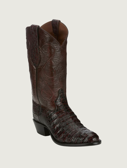 Tony Lama Vicente black cherry caiman cowboy boot — quarter view