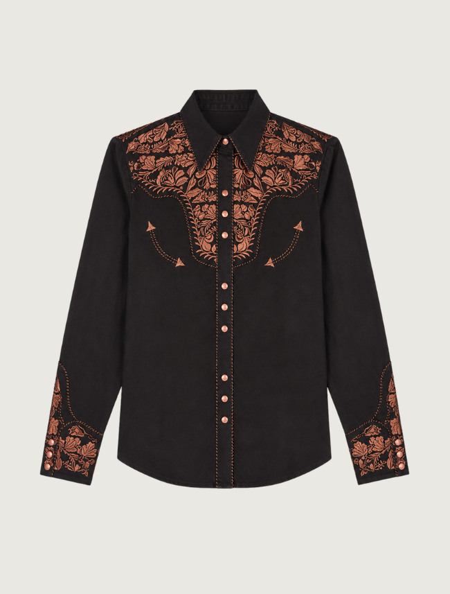 Scully floral embroidered snap front shirt in black — front view