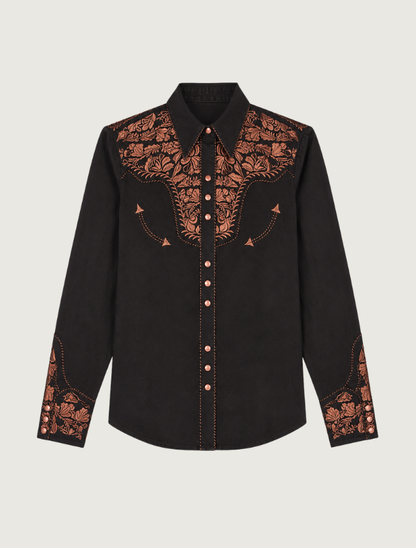 Scully floral embroidered snap front shirt in black — front view