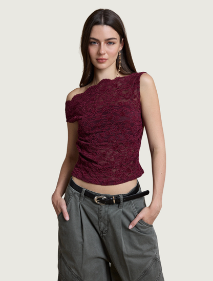 Raisonnel One-Shoulder Ruched Lace Top