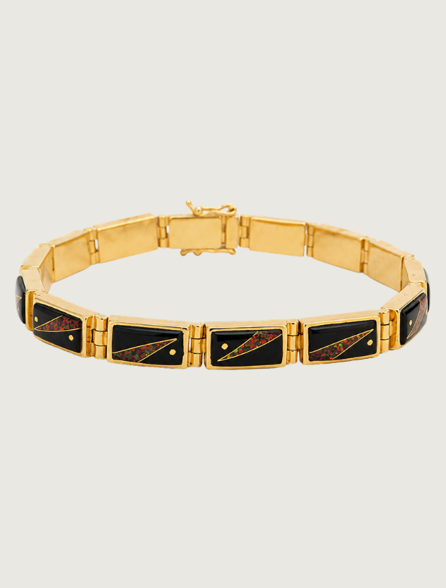 14K Yellow Gold Black Jade & Fire Opal Bracelet