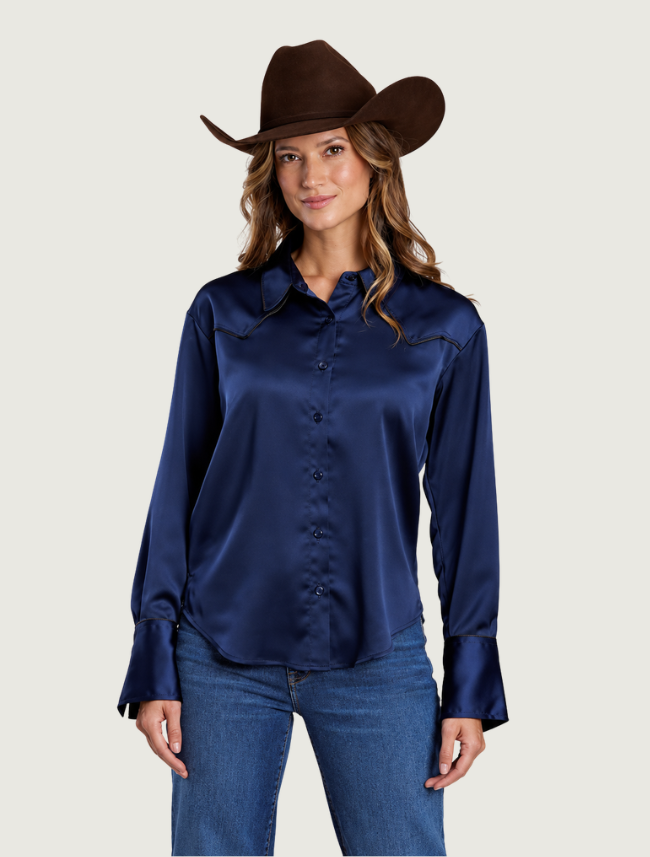 Stetson Navy Satin Embroidered Western Shirt