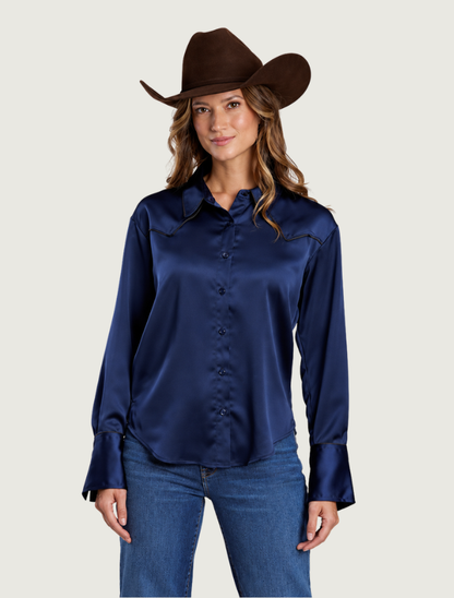 Stetson Navy Satin Embroidered Western Shirt