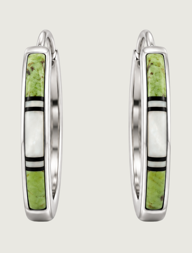 Sterling Silver Multi Inlay Hoop Earrings