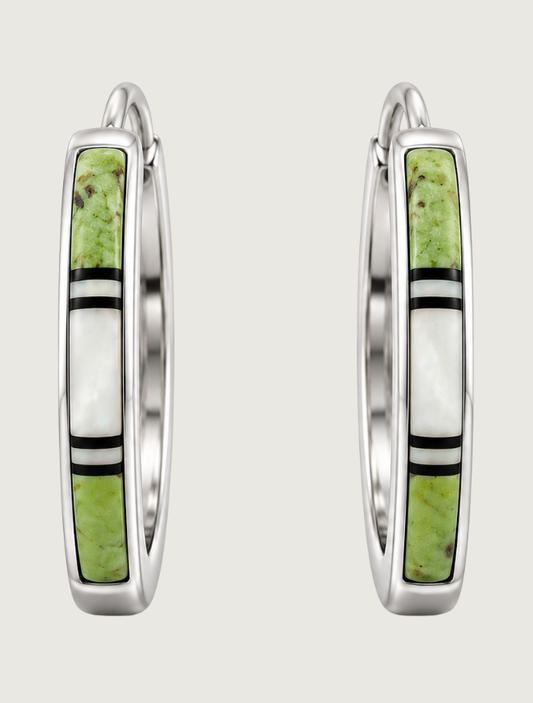Sterling Silver Multi Inlay Hoop Earrings