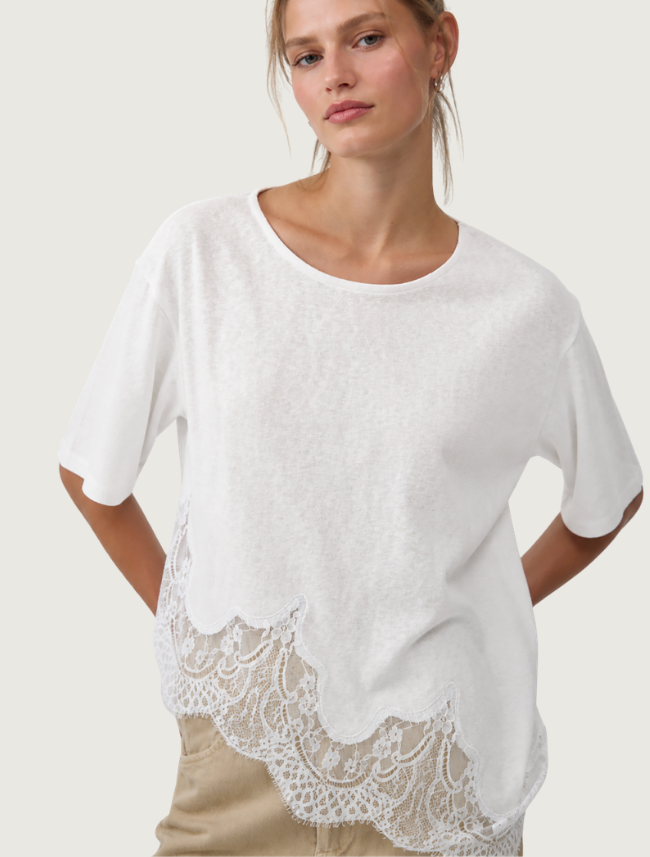 Raisonnel White Slub Knit Lace Hem Tee