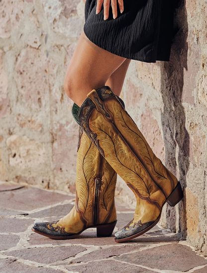 Corral Yellow Feathers Crackled Overlay Tall Top Cowgirl Boots