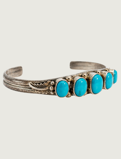 Sterling Silver Polished Five Turquoise Cuff Bracelet