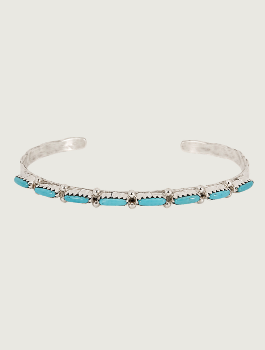 Front view of M.F.R. sterling silver Sleeping Beauty turquoise cuff bracelet