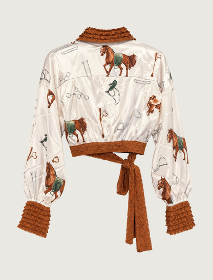 Mavericks Satin Horse Print Wrap Top in Silver Grey