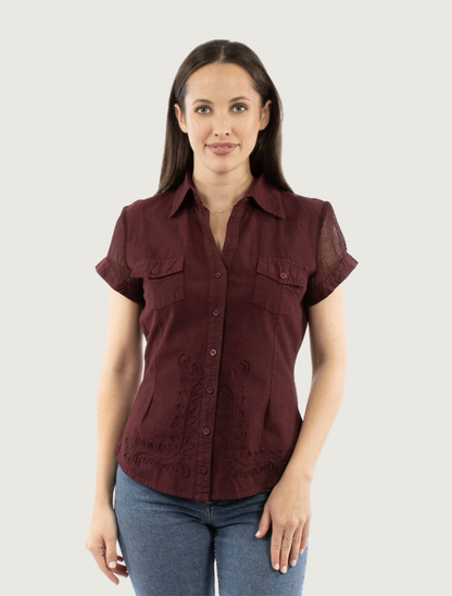 Scully Women's Embroidered Cap Sleeve Button Front Shirt