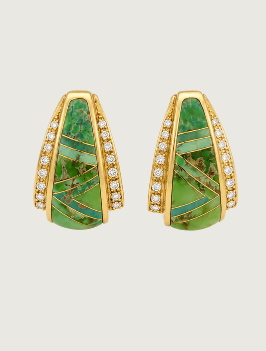 14K Yellow Gold Carico Turquoise & Diamond Earrings