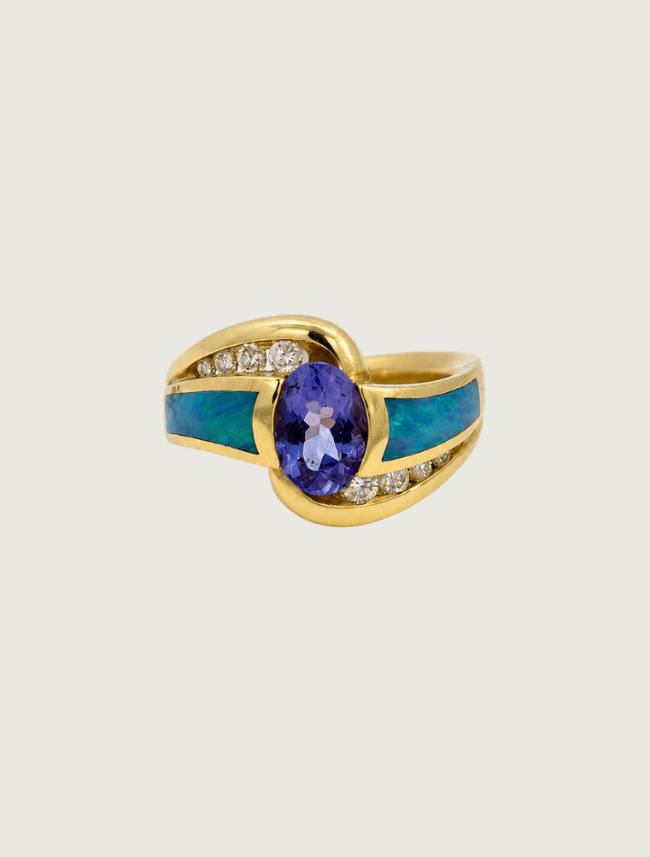 14K Yellow Gold Tanzanite, Opal, & Diamond Ring