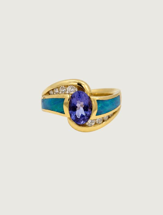 14K Yellow Gold Tanzanite, Opal, & Diamond Ring