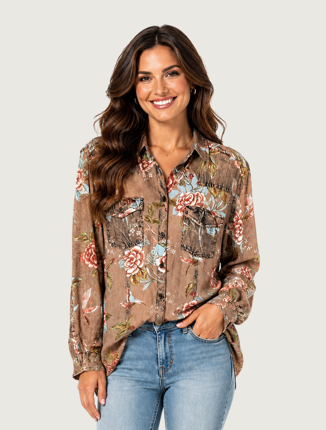 Scully Women's Tan Floral Print Button Front Shirt