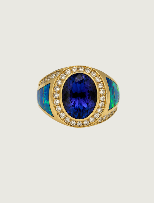 14K Yellow Gold Tanzanite, Opal, & Diamond Ring