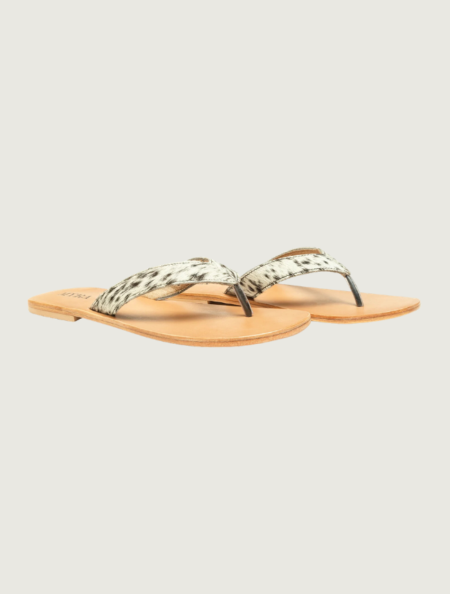 Myra Echo Valley Hairon Leather Sandals in Spotted Ivory