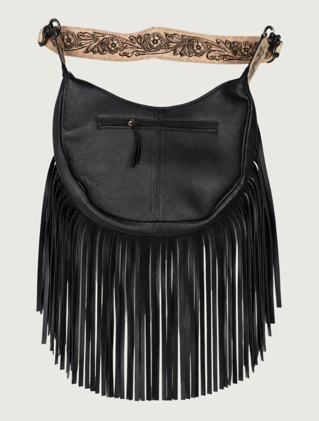 Mavericks Black Fringe Hobo Bag with Cowhide & Tooled Leather Strap