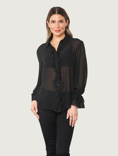 Paparazzi Lace Ruffle Georgette Blouse in Black