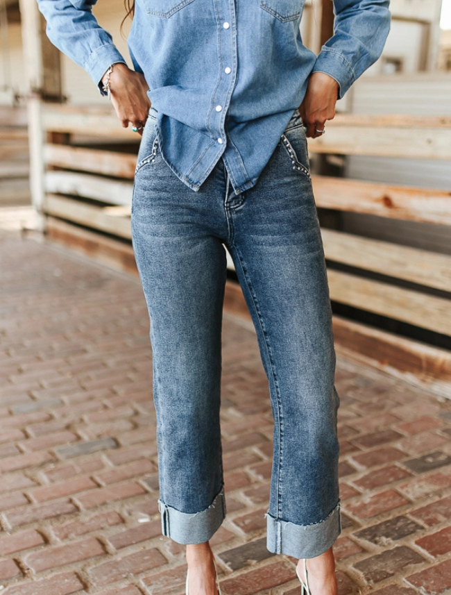 Lucky & Blessed Mid Wash Studded Pocket Cuffed Straight Leg Jeans