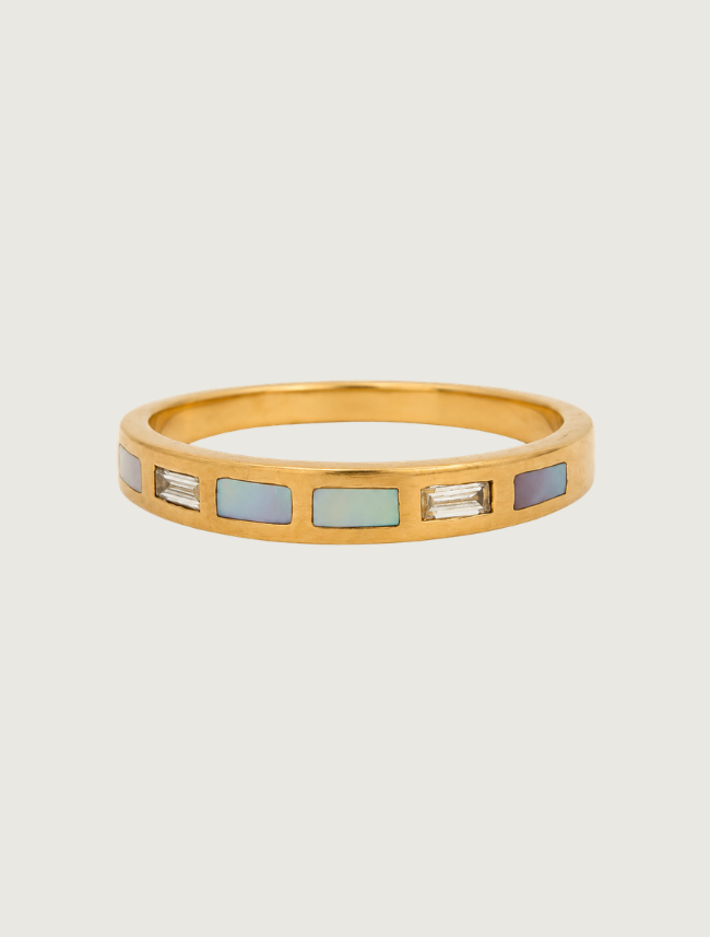 14K rose gold ring with mother of pearl inlay and diamond baguettes, front view