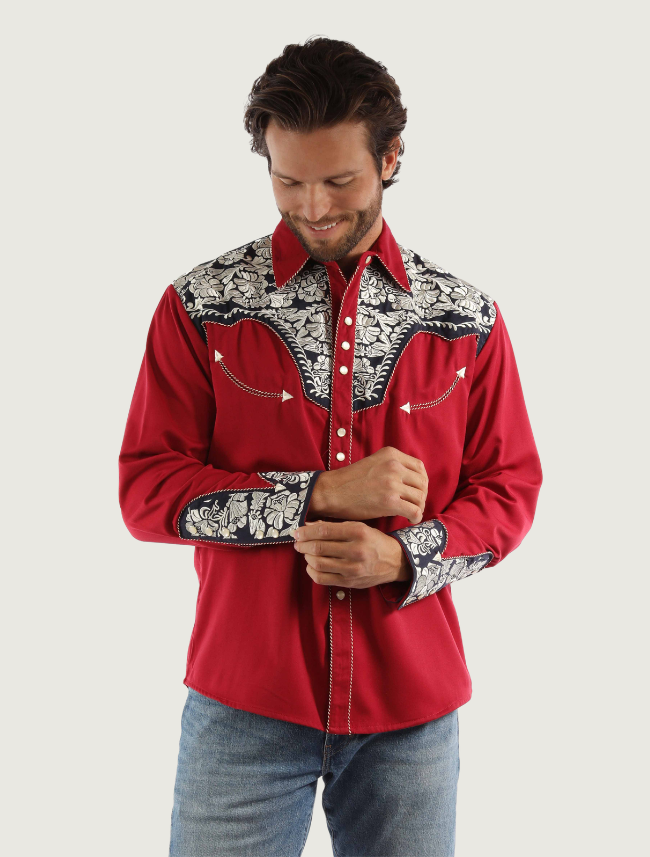 Scully Men's Red, White, & Blue Floral Tooled Embroidered Western Shirt