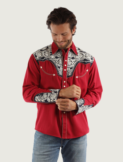 Scully Men's Red, White, & Blue Floral Tooled Embroidered Western Shirt